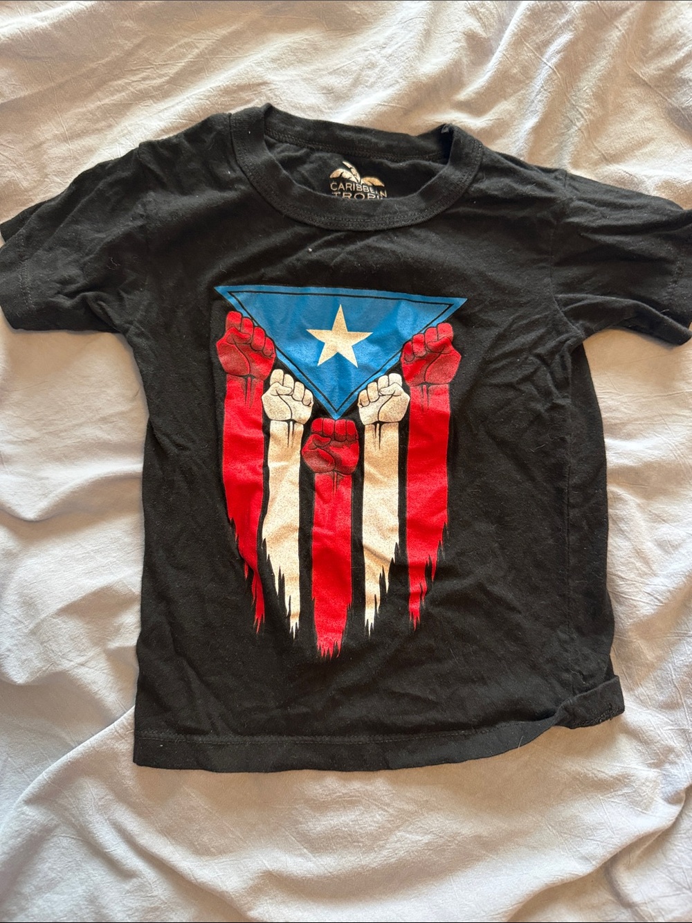 Caribbean Black Kids Tee with Red, White and Blue Puerto Rico Graphic